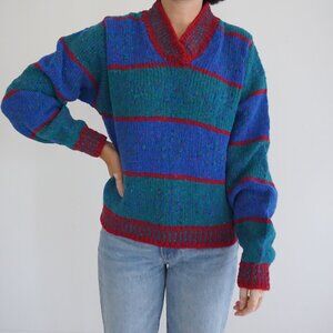 Vintage Karen Montgomery Blue Green Red Stripe Knit Sweater Colorblock XL